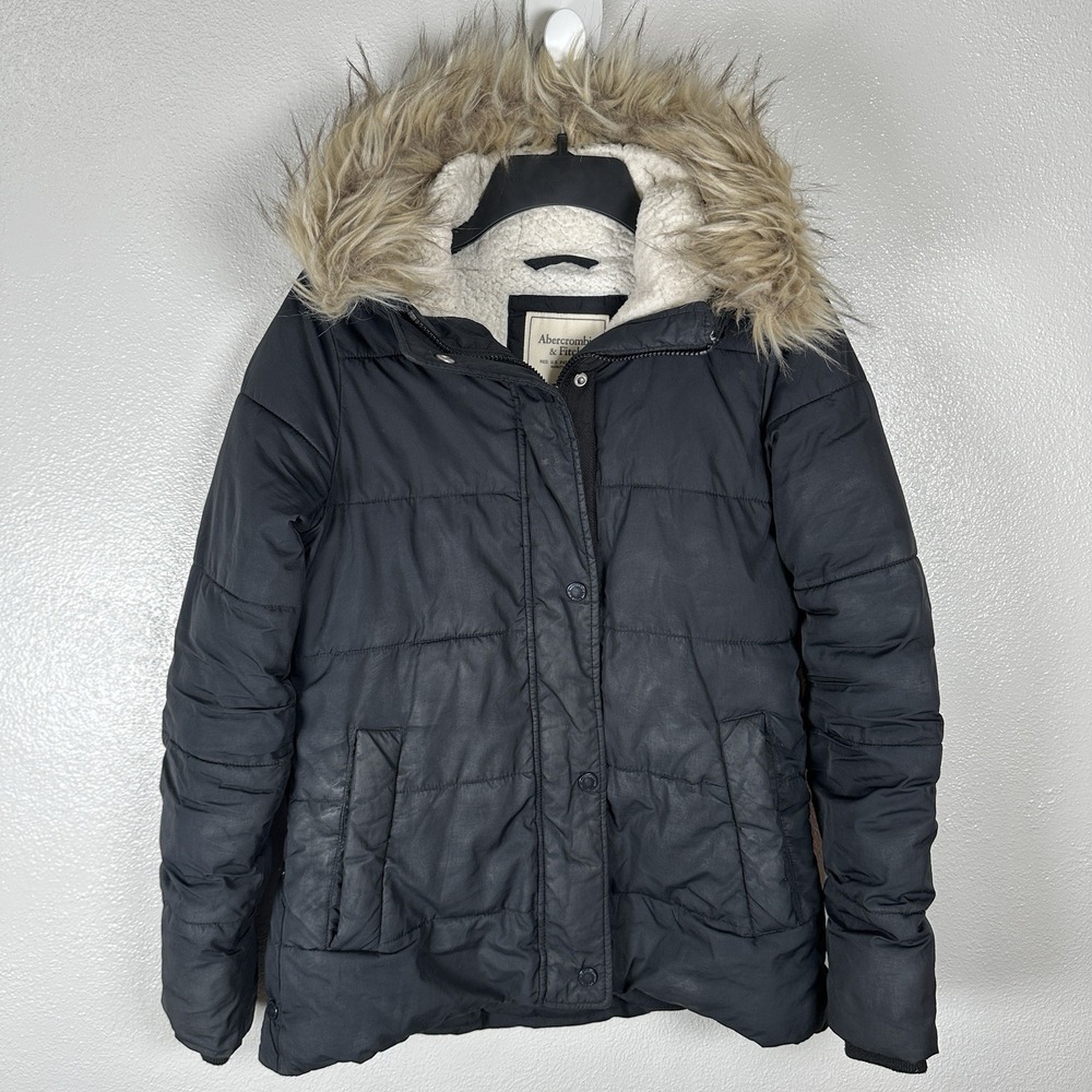 Abercrombie & Fitch Y2K Puffer Jacket Womens Sz XS Black Fur Trim Lined Quilted